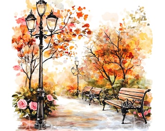 28 Autumn Fall Bench Clipart, Autumn Garden, Printable Watercolor Clipart, Wall Art, High Quality JPGs, Digital Download, Paper Craft U04