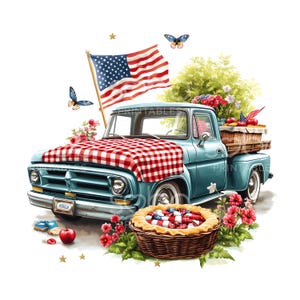 23 Clipart camion patriotique, pique-nique du 4 juillet, aquarelle imprimable, fichiers JPG de haute qualité, téléchargement numérique, créations en papier, journal indésirable S835