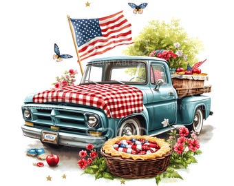 23 Patriotic Truck Clipart, 4th of July Picnic, Printable Watercolor, High Quality JPGs, Digital Download, Paper Craft, Junk Journal S835