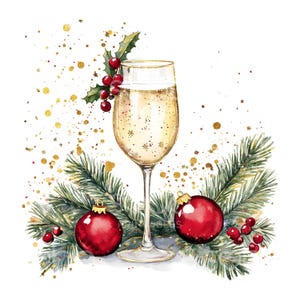 Op de afbeelding: Waterverfillustratie van een champagneglas gevuld met bruisende vloeistof, versierd met hulst en rode bessen. Twee rode kerstballen en groenblijvende takken bevinden zich aan de basis, met gouden glitteraccenten. Feestelijk vakantiethema.