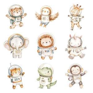15 Süße Safari Astronaut Clipart, Löwe, Giraffe, Kinderzimmer Kunst, Safari Tiere, niedliches Aquarell Tier, Dschungeltiere, Digital Download S758