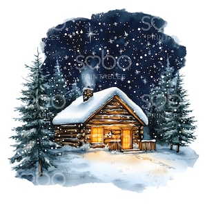 18 imágenes prediseñadas de cabaña de nieve por la noche, campamento en el bosque, amor por el bosque nevado, archivos JPG de alta calidad, planificador digital, diarios basura, descarga digital S413