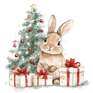 Christmas Bunny Clipart - 21 hochwertige JPGs, Weihnachtsbaum Geschenke Kaninchen, Festliche Cliparts, Papiermodelle, Junk Journal, Weihnachtskarte S184