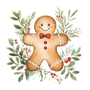May include: A watercolour illustration of a gingerbread man wearing a red bow tie, surrounded by green leaves and red berries.