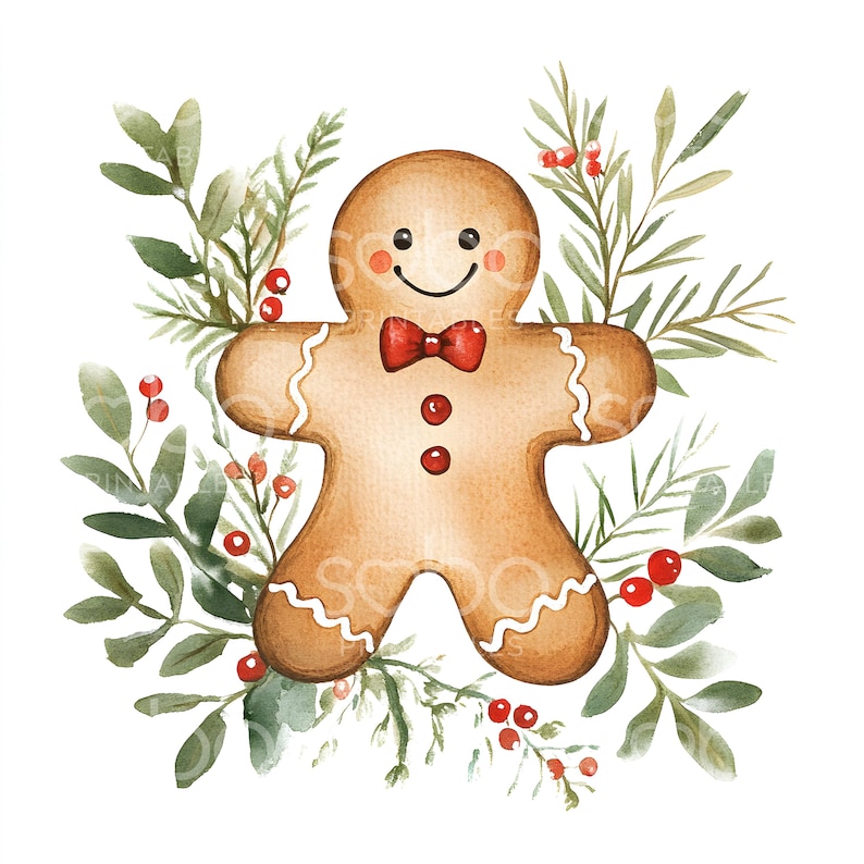 May include: A watercolour illustration of a gingerbread man wearing a red bow tie, surrounded by green leaves and red berries.