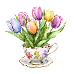 24 tulpen in theekop Clipart, bloemen theekop, afdrukbare aquarelkunst, hoge kwaliteit jpg's, digitale download, Paper Craft, Junk Journal S677
