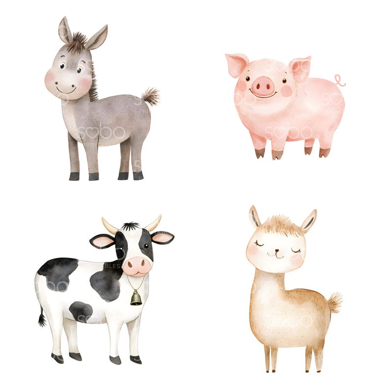 May include: Watercolor illustrations of four farm animals: a gray donkey, a pink pig, a black and white cow, and a tan llama. Each animal is depicted in a cute, cartoon style with a white background.