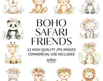 12 Boho Safari Tiere Clipart, Kinderzimmer Kunst, Boho Safari Tiere Clipart, Floral Wald süße Tiere, Dschungeltiere, digitaler Download S206