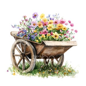 K&ouml;nnte beinhalten: Ein Aquarellbild einer alten Schubkarre, gef&uuml;llt mit einer Vielzahl von bunten Blumen, darunter rosa, gelbe, lila und wei&szlig;e Bl&uuml;ten. Die Schubkarre ist braun und hat ein Holzrad.