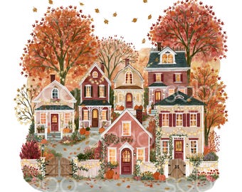 24 Fall Street Houses Clipart, Cozy Autumn Homes, Fall Village, Cute Fall Town Street, High Quality JPGs, Digital Download, Paper Craft U308