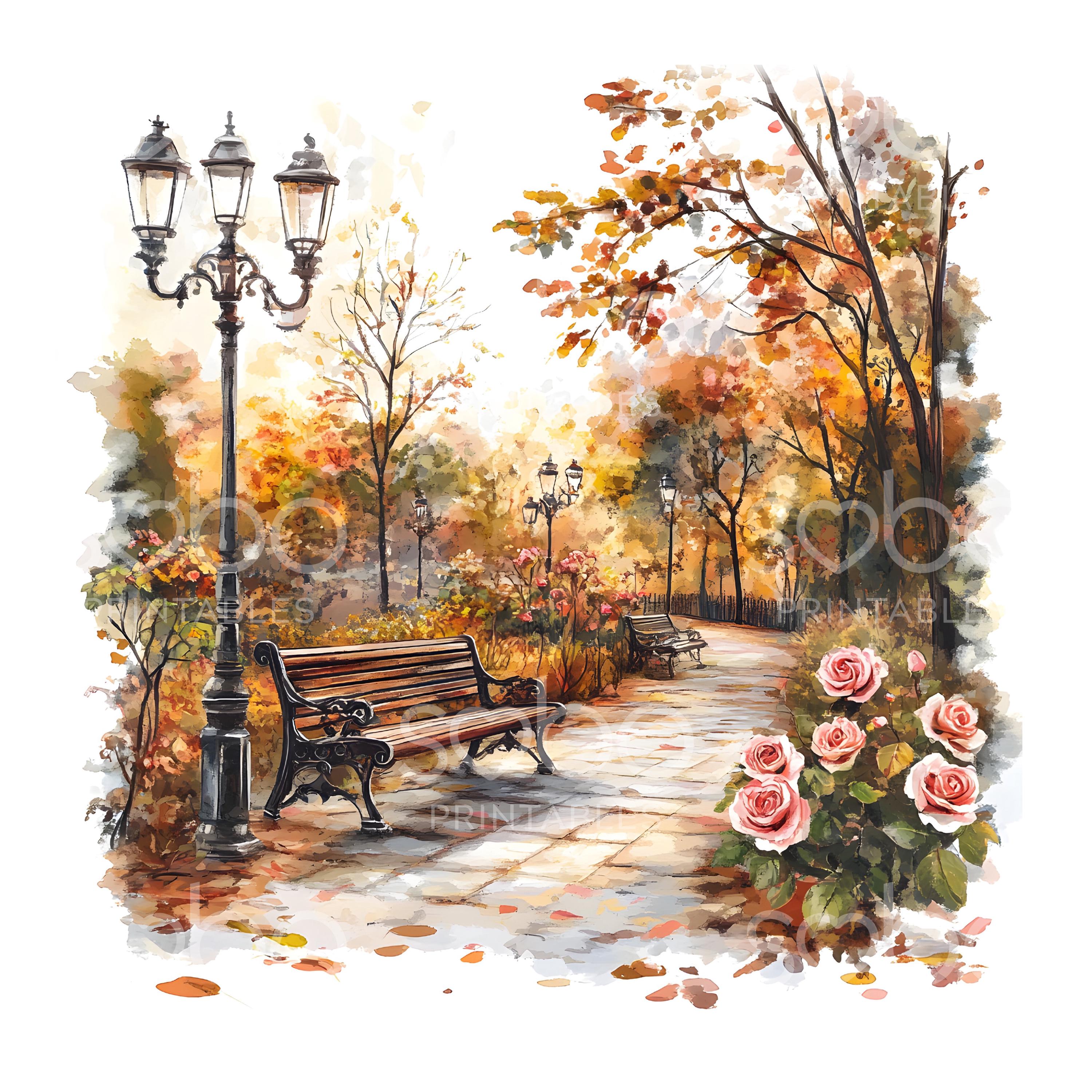 28 Autumn Fall Bench Clipart, Autumn Garden, Printable Watercolor ...