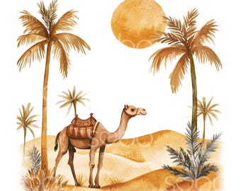 15 woestijnkameel clipart, woestijnlandschap, boho zandduinen, afdrukbare aquarel kunst, hoge kwaliteit jpg's, Paper Craft, Junk Journal S818