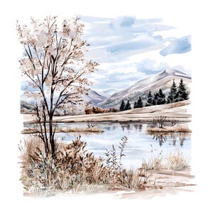 May include: Watercolor landscape art print featuring a serene lake scene with mountains in the background. The artwork showcases a tree with delicate blossoms, reeds, and a tranquil sky, rendered in soft, muted tones.