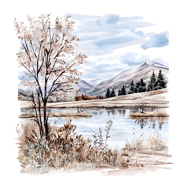 May include: Watercolor landscape art print featuring a serene lake scene with mountains in the background. The artwork showcases a tree with delicate blossoms, reeds, and a tranquil sky, rendered in soft, muted tones.