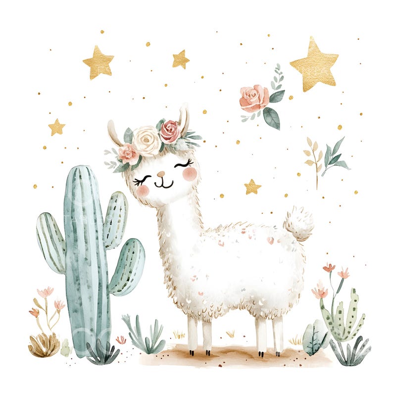 May include: A watercolor illustration of a white llama with a pink and white flower crown, standing in a desert landscape with a cactus and gold stars.