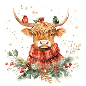 17 imágenes prediseñadas de vaca de las tierras altas de Navidad, linda vaca de granja festiva, tarjeta navideña, JPG de alta calidad, descarga digital, manualidad de papel, diario basura S324