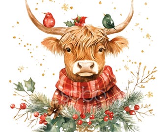17 Christmas Highland Cow Clipart, Festive Farm Cute Cow, Christmas Card, High Quality JPG, Digital Download, Paper Craft, Junk Journal S324