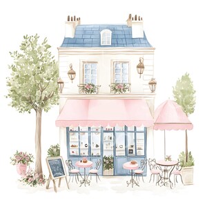 May include: A watercolor illustration of a Parisian cafe with a pink awning, blue windows, and outdoor seating. The cafe has a sign that says "Delicious Coffee".