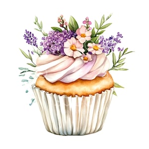 30 imágenes prediseñadas de cupcakes florales, impresión de cupcakes adorables, archivos JPG de alta calidad, acuarela imprimible, descarga digital, manualidades de papel, diario basura S695