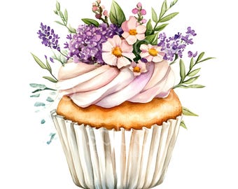 30 Floral Cupcake Clipart, Cute Cupcake Print, High Quality JPGs, Printable Watercolor Art, Digital Download, Paper Craft, Junk Journal S695