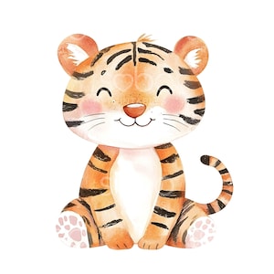 May include: A watercolor illustration of a cute cartoon tiger with orange and black stripes. The tiger is sitting with its paws tucked under its body and has a big smile on its face.