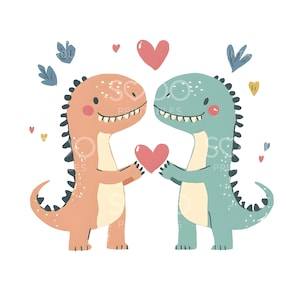 20 Süße Dinosaurier Paar Clipart, Tyrannosaurier Paar, druckbare Valentinstagskarte, hochwertige JPGs, digitaler Download, Papiermodell S426