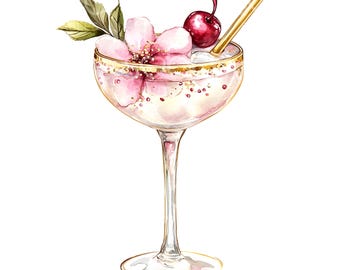 22 Pink Cocktail Clipart, Bridal Shower Drink, Printable Watercolor Art, High Quality JPGs, Digital Download, Paper Craft, Junk Journal S734