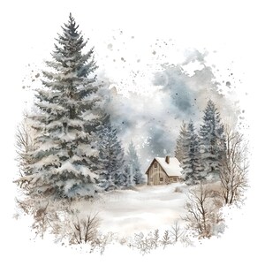 May include: Watercolor painting of a snowy winter scene. A small wooden cabin sits nestled among snow-covered pine trees. The artwork features a soft, muted color palette with shades of gray, white, and brown, evoking a sense of tranquility and the beauty of winter.