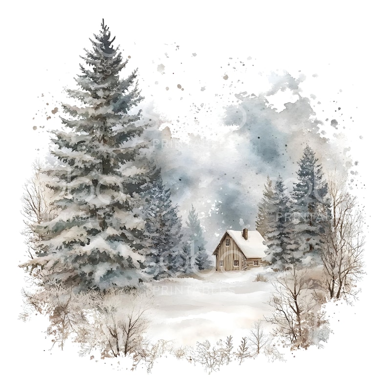 May include: Watercolor painting of a snowy winter scene. A small wooden cabin sits nestled among snow-covered pine trees. The artwork features a soft, muted color palette with shades of gray, white, and brown, evoking a sense of tranquility and the beauty of winter.