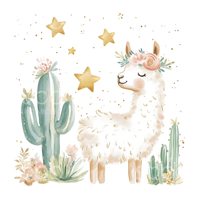 May include: A watercolor illustration of a white llama with a pink flower crown, standing in a desert landscape with cacti and gold stars.