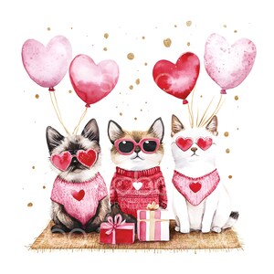 May include: Three watercolor cats wearing heart-shaped sunglasses and sweaters with hearts. Two cats are holding pink and red heart-shaped balloons. The cats are sitting on a brown rug with two wrapped gifts.