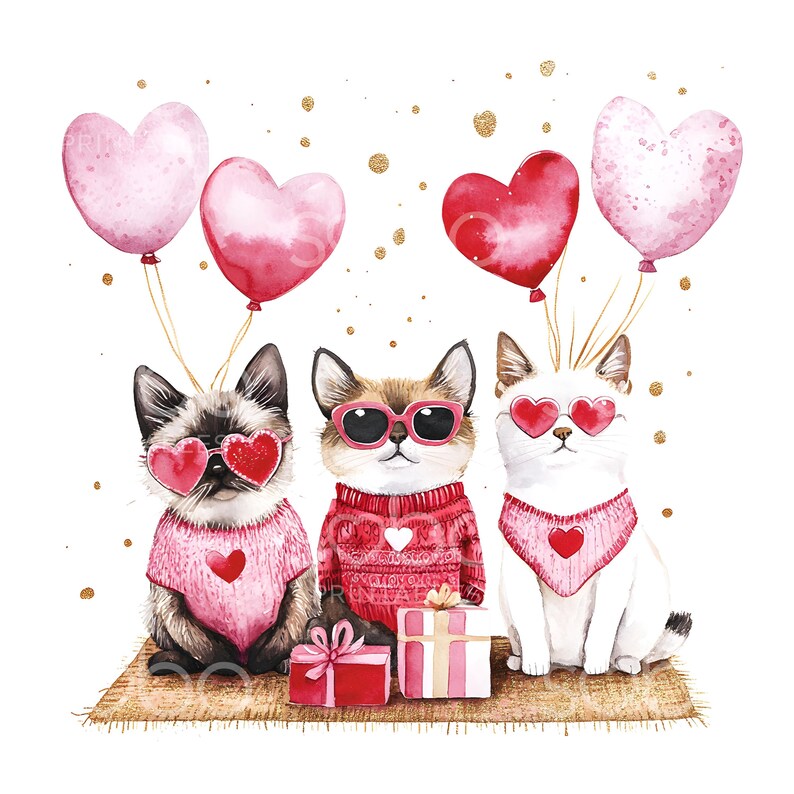 May include: Three watercolor cats wearing heart-shaped sunglasses and sweaters with hearts. Two cats are holding pink and red heart-shaped balloons. The cats are sitting on a brown rug with two wrapped gifts.