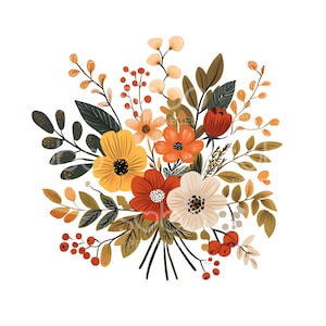 Pode incluir: Ilustração de um buquê floral colorido com flores amarelas, laranja, vermelhas e creme. O arranjo inclui várias folhas e bagas, tudo sobre um fundo branco. O estilo lembra uma pintura em aquarela.