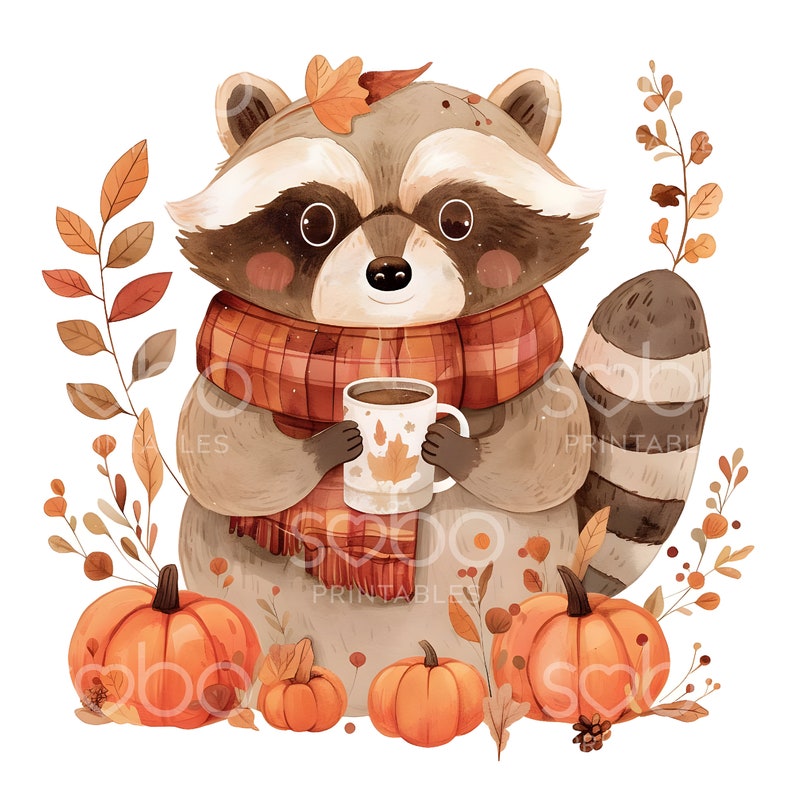 Fall Racoon Decor Cute Fall Raccoon Clipart - 11 High Quality Jpgs, Wall Art, Scrapbook ...
