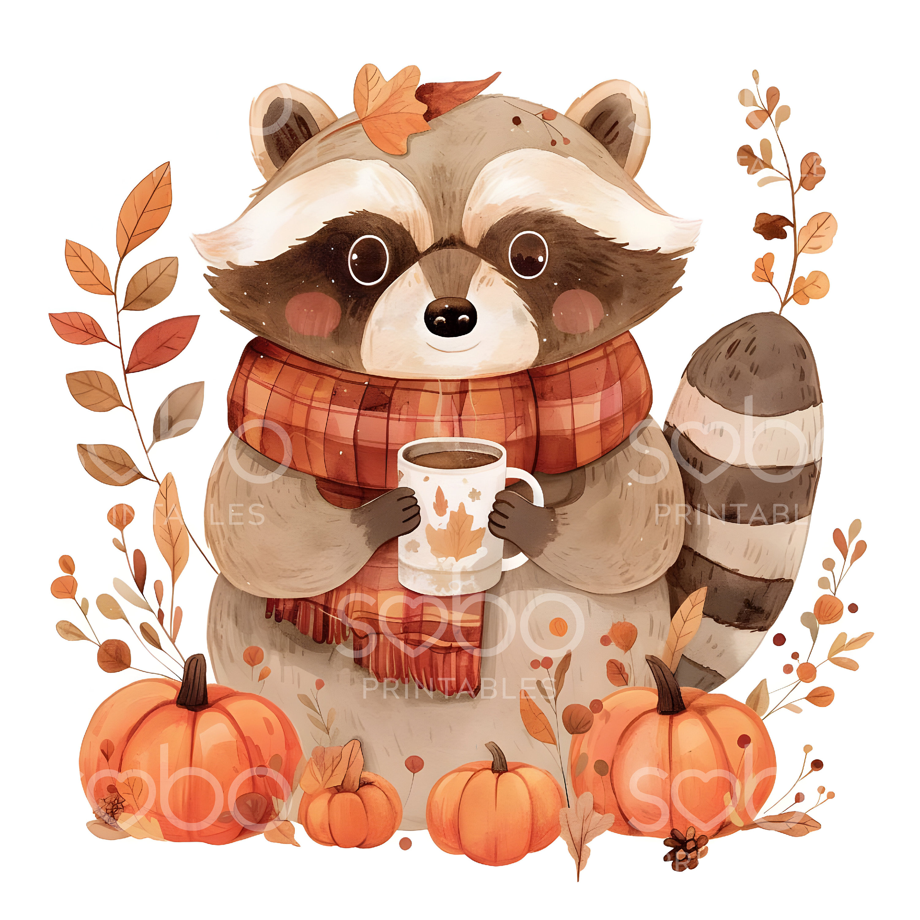 Cute Fall Raccoon Clipart - 11 High Quality Jpgs, Wall Art, Scrapbook ...