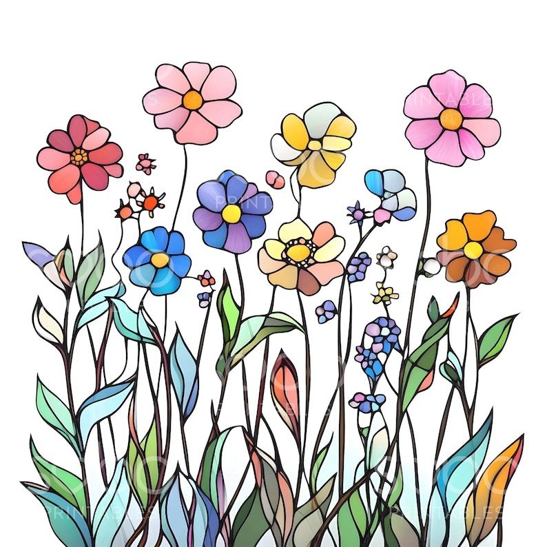 23 Stained Glass Wildflowers Clipart, Abstract Flowers Wall Art, High