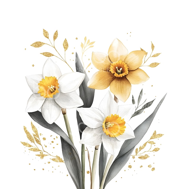 May include: A watercolor painting of a bouquet of white and yellow daffodils with gold glitter accents. The flowers are arranged in a vase with gray leaves.