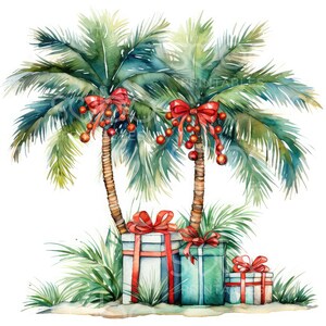 May include: Two watercolor palm trees with red bows and ornaments, decorated for Christmas.  Three wrapped gifts are placed at the base of the trees.