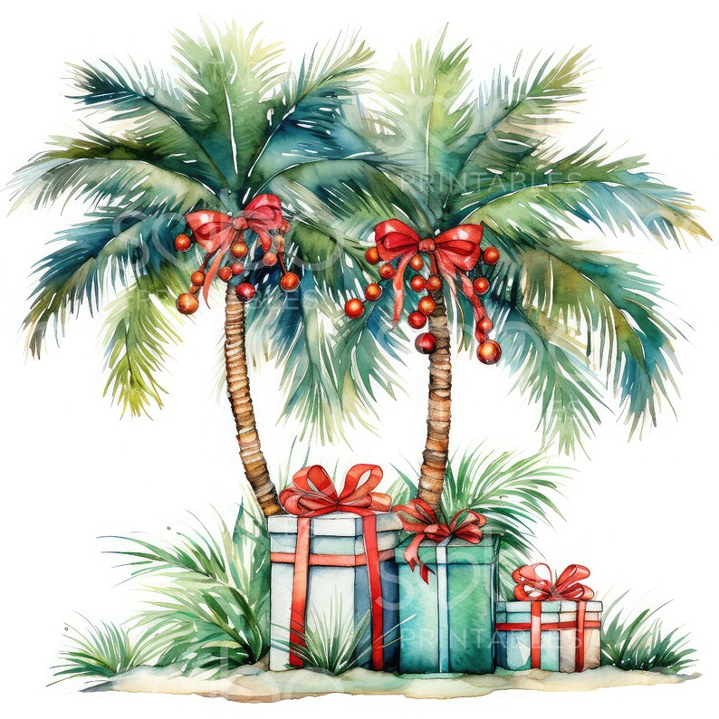 May include: Two watercolor palm trees with red bows and ornaments, decorated for Christmas.  Three wrapped gifts are placed at the base of the trees.