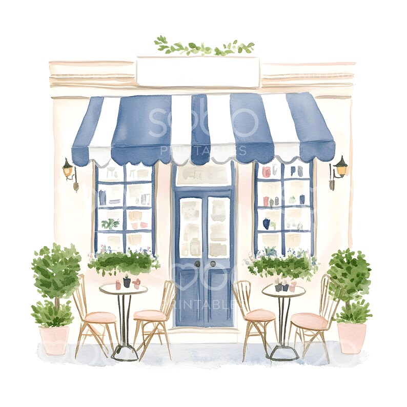 May include: A watercolor painting of a small shop with a blue and white striped awning. The shop has a blue door and windows with shelves of products. There are two tables with chairs outside the shop, and potted plants.