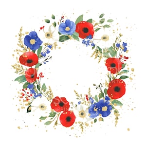25 Vaterländische Kranz Clipart, 4. Juli, niedlicher Blumenkranz, druckbares Aquarell, hochwertige JPGs, digitaler Download, Papierhandwerk S971