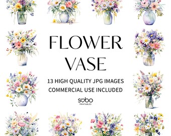 Vase mit Blumen Clipart - 13 hochwertige JPGs, digitaler Download, Kartenherstellung, digitales Papiermodell, Sammelalben, Planer, Wandkunst S16