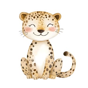 May include: A watercolor illustration of a smiling cheetah with brown spots on a white background.