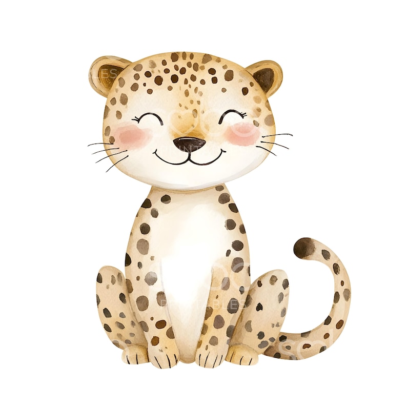 May include: A watercolor illustration of a smiling cheetah with brown spots on a white background.