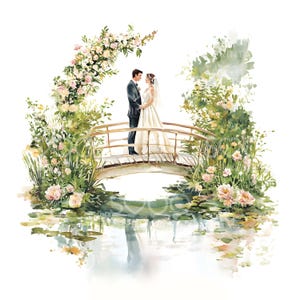May include: Watercolor illustration of a wedding scene. A couple stands on a wooden bridge surrounded by lush greenery and flowers. The bride wears a white gown and veil, and the groom is in a dark suit. The scene is reflected in the water below.