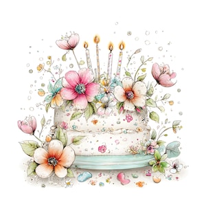 Op de afbeelding: Waterverfillustratie van een verjaardagstaart met twee lagen, versierd met roze, oranje en witte bloemen, groene bladeren en brandende kaarsen. De taart staat op een lichtblauwe taartstandaard en is versierd met confetti.