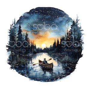 14 Bootfahren bei Nacht Clipart, Bootfahren auf dem See, Kanu Kunst, druckbare Aquarell Clipart, hochwertige JPGs, digitaler Download, Papierhandwerk S648