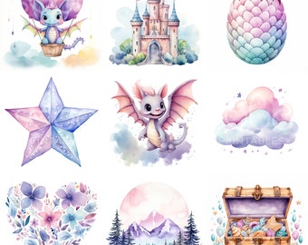 16 パステル ドラゴン キングダム セット クリップアート、ドラゴン クリップアート、印刷可能な水彩クリップアート、高品質 JPG、デジタル ダウンロード、ペーパー クラフト S102
