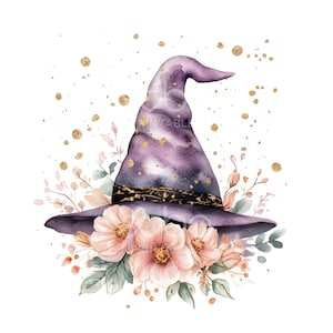 May include: A purple witch's hat with gold glitter accents and a black band is surrounded by blush pink flowers and green leaves. The hat is on a white background with gold glitter scattered around it.
