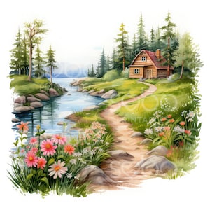 Lake Cabins Clipart - 17 JPGs de alta qualidade, download digital, arte de parede, lixo eletrônico, criação de cartões, mídia mista, artesanato em papel digital S50